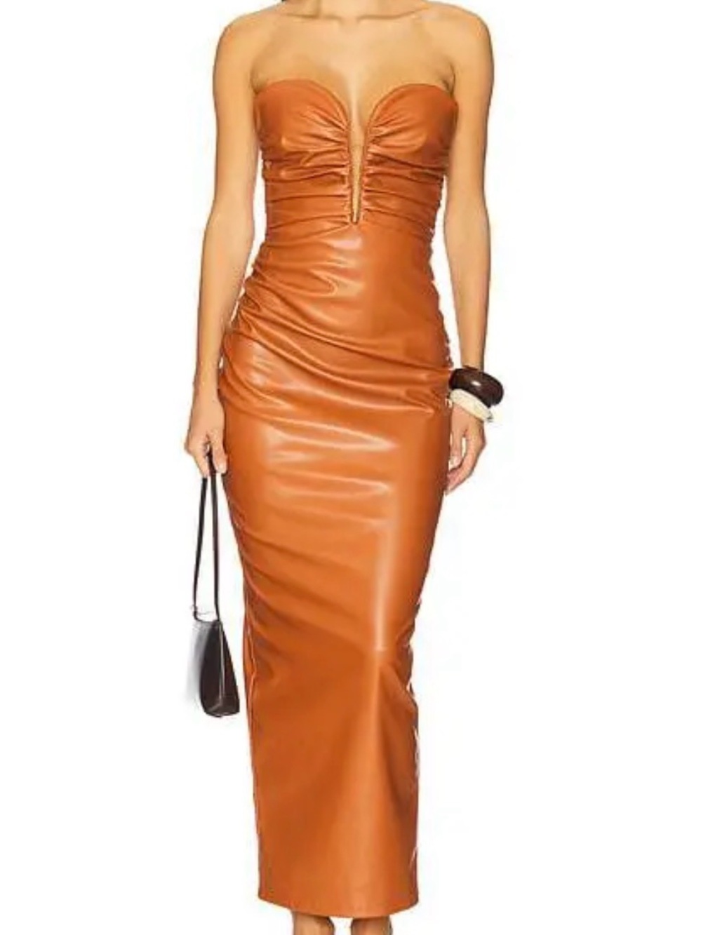 Nookie Strapless Faux Leather Midi Dress in Cognac